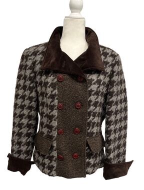 Laundry chocolate brown wool blend herringbone double breasted jacket with velve